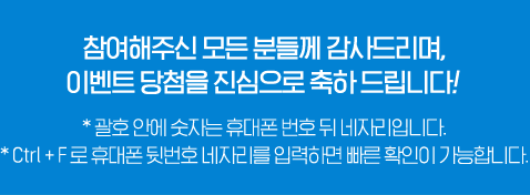 참여해주신 모든 분들께 감사드리며, 이벤트 당첨을 진심으로 축하 드립니다! * 괄호 안에 숫자는 휴대폰 번호 뒤 네자리입니다. * Ctrl + F 로 휴대폰 뒷번호 네자리를 입력하면 빠른 확인이 가능합니다.